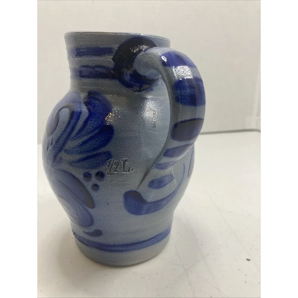 Vintage German Salt‎ Glaze Pitcher Handle Blue Stripe 1/2 L  5.75